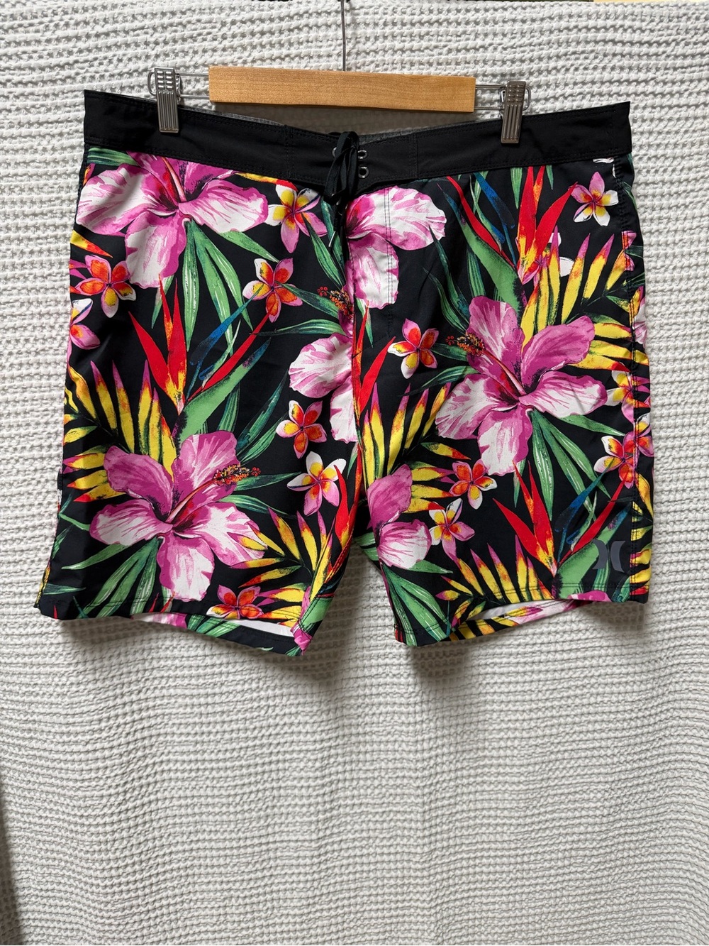 Hurley Black Floral Board Shorts with Pink & Yellow Accents